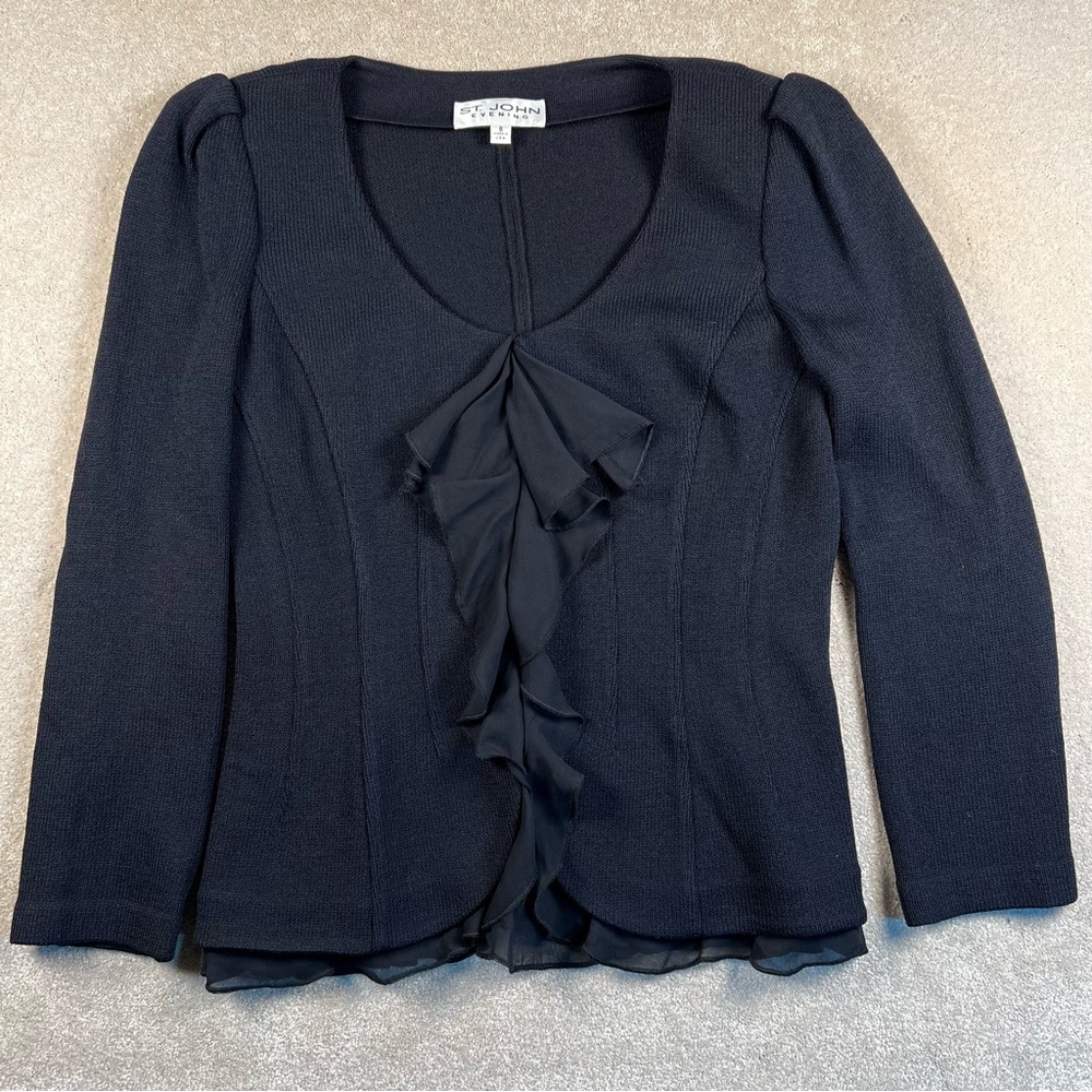 St. John Evening Cardigan Sweater Ruffle Front Round Neck Hook Eye Women's 8